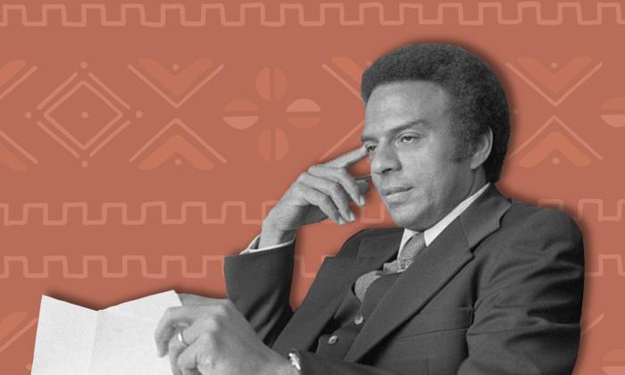 Collage on a textured red background. B&W cut-out of Andrew Young circa 1976, sitting with a hand to his temple.