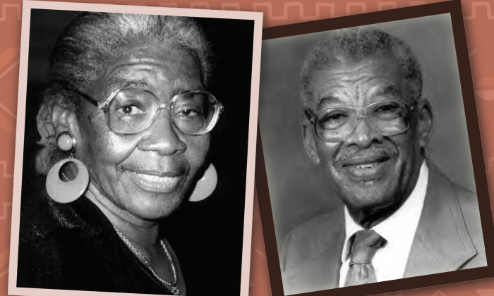 Two B&W portraits collaged onto a red patterned background. Katherine Twine (left) and Henry Twine (right) are older Black people in formal clothes.