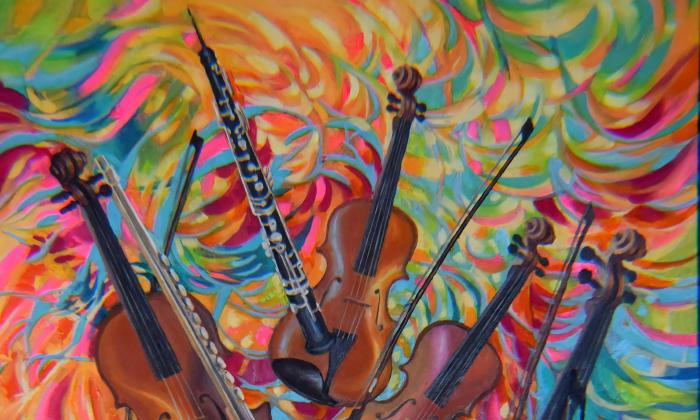 Section of a colorful painting by Anna Miller featuring stringed instruments and an oboe