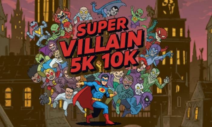 Supervillain 5k and 10k race banner featuring cartoon villains