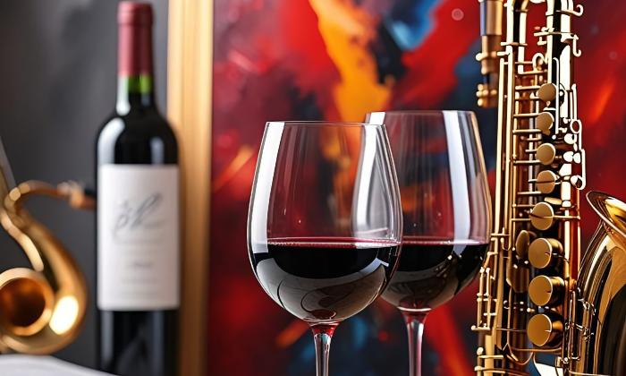 A bottle of wine, two filled glasses, and a saxophone, in front of a bright work of art