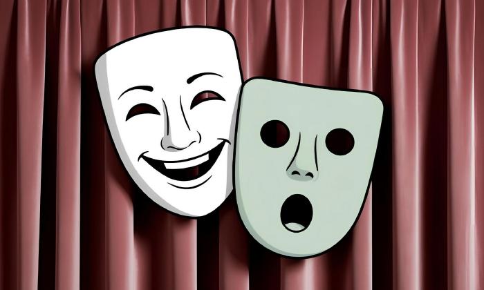 Two theater masks, against a soft red curtain, the white mask is smiling, the green one has a look of surprise