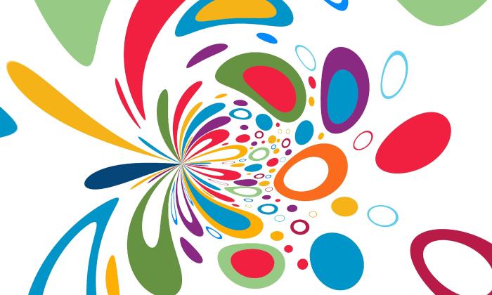 Dots and swirls in a 1960s-style print in multiple colors