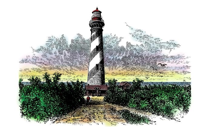 A colorized ink drawing of the St. Augustine Lighthouse shortly after it was built