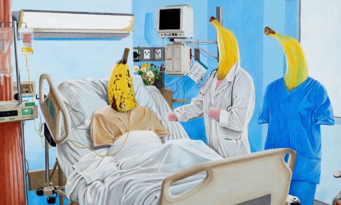 An artist rendering of a bruised banana visiting the emergency room by V. Carunco