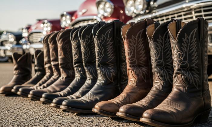 A row of cowboy boots in front of classic antique cars