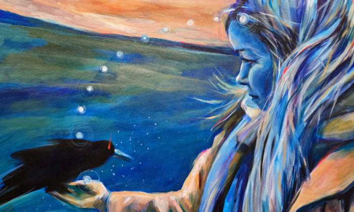 Painting of a woman bathed in blue tones holding a black bird