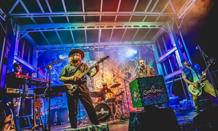 Bandmates from TreeHouse perform live on stage.