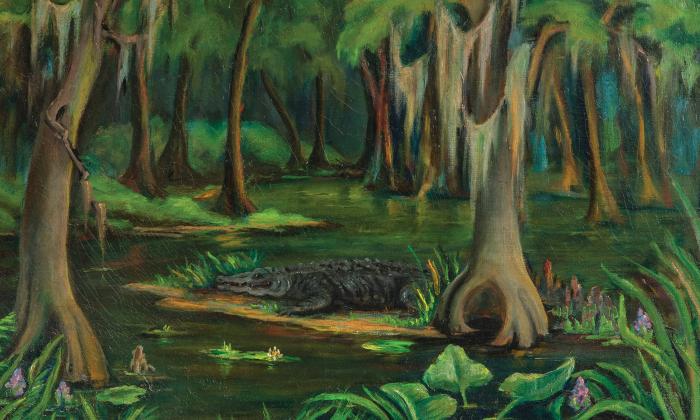 A section of a painting of a Florida swamp and the resident alligator 
