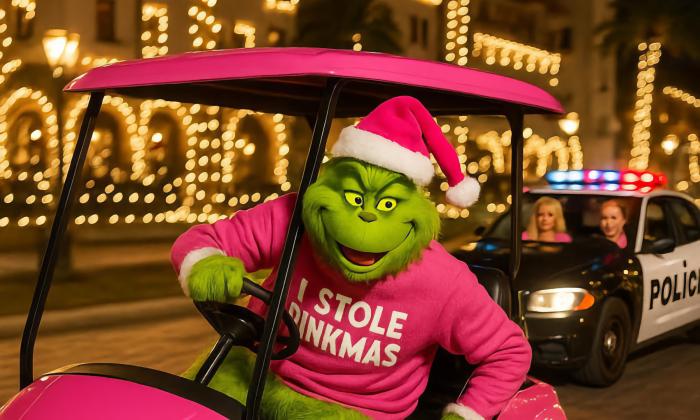 The Grinch in a pink getway cart, chased by Barbies in a police car