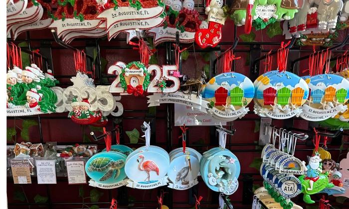 A display of St. Augustine-themed Christmas ornaments