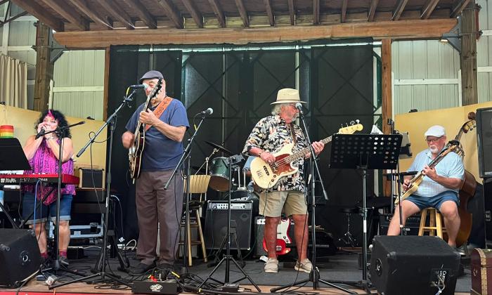 Chicago Bound Blues Band onstage playing instruments