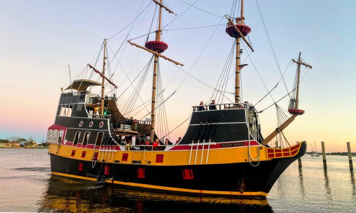 The Black Raven Pirate Ship at sunset
