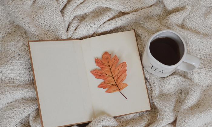 An open book, with a fall leaf, next to a cup of tea, all on a cozy blanket