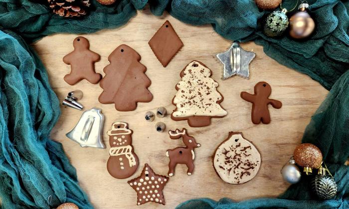 Clay ornaments laid out on a table