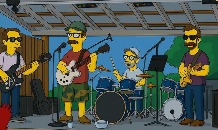 Cartoon representation of hte band Auggy Style playing, onstage. 