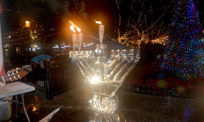 The ice menorah overlooking the plaza