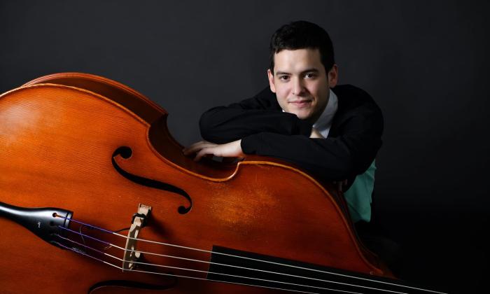 Jazz bassist Chris Mondak with his bass