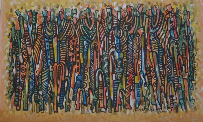 A painting by Chike Onuorah, titled "Kingmakers" shows colorful narrow figures in flowing robes massed together on the canvas