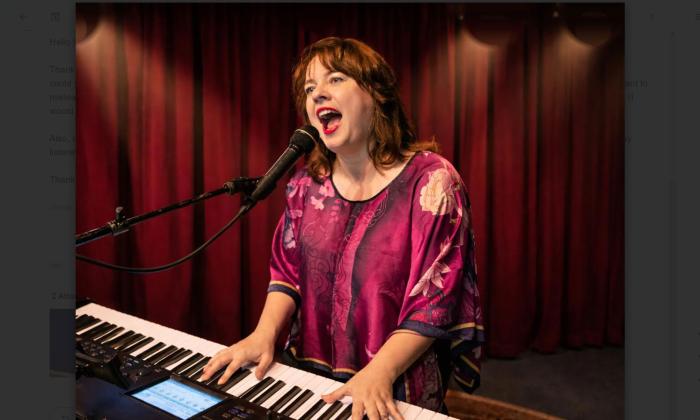 pianist and composer Jenia at the keyboard, singing