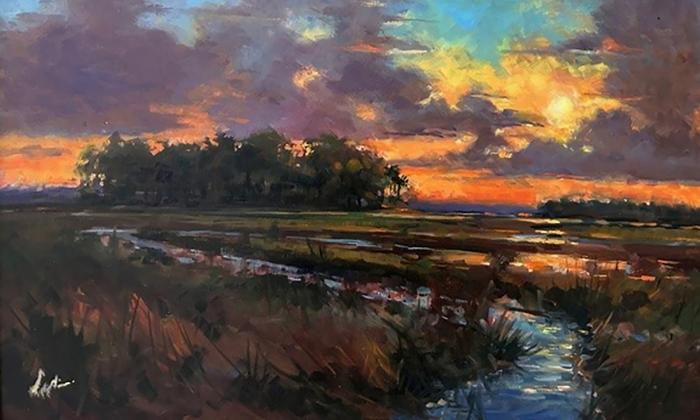 A detail of an oil painting by Paul Ladnier, of a sunrise at Starrat Creek 