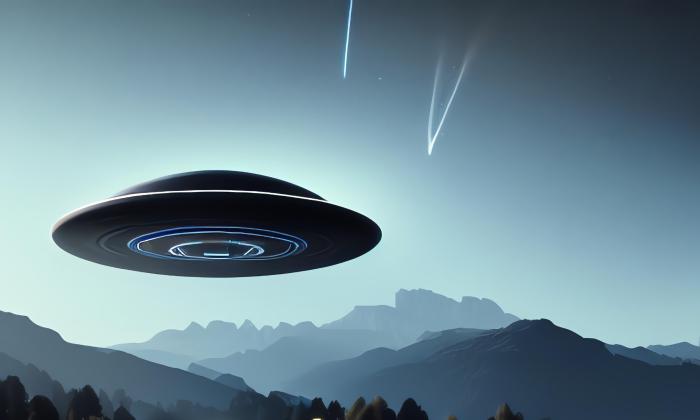 An image in shades of blue, of a flying saucer over mountains