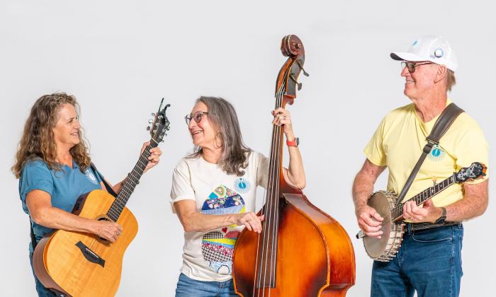 The three-member old time band, Skin & Bonz against a grey background