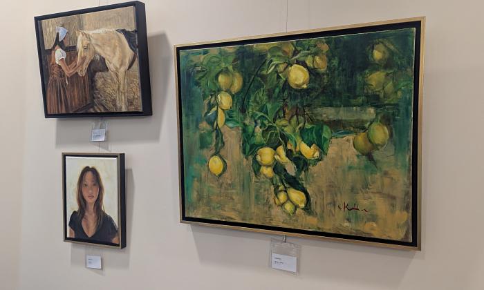 Three original oil paintings by Koo Hon, Horse Stable, Isabella, and Meyer Lemon