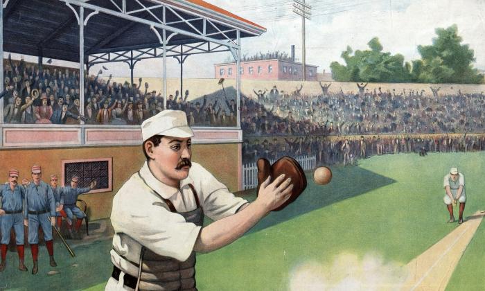 A painting from the early 1900s showing a man catching a baseball