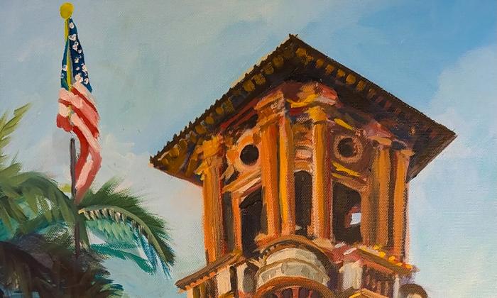 A section of a painting by Susan Schwartz, showing one of the top towers of the Lightner