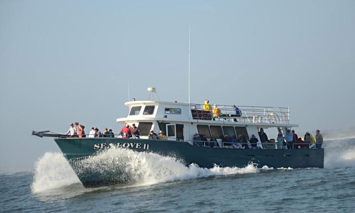 The larger fishing boat for Sea Love Charters heading out to sea