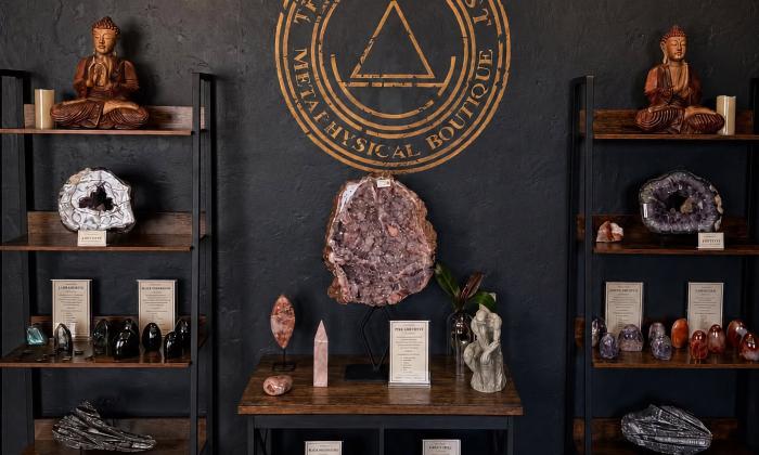 Assorted crystals displayed on shelves