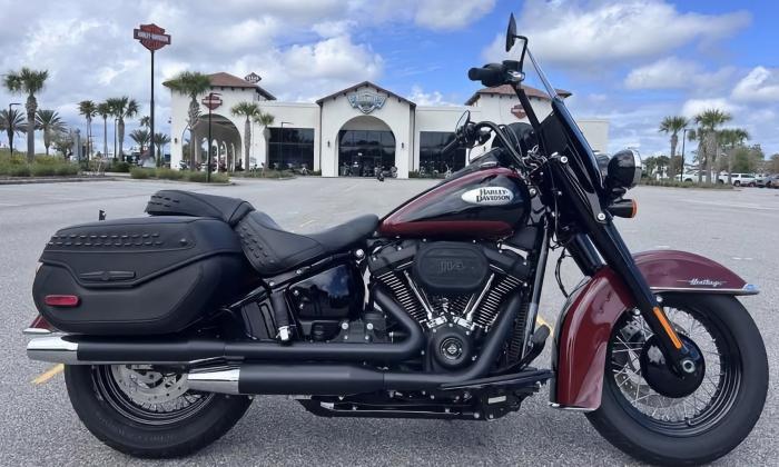 A mortorcycle in front of the Harley-Davidson store