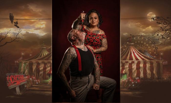 The Captain and Maybelle performing a sword-swallowing trick