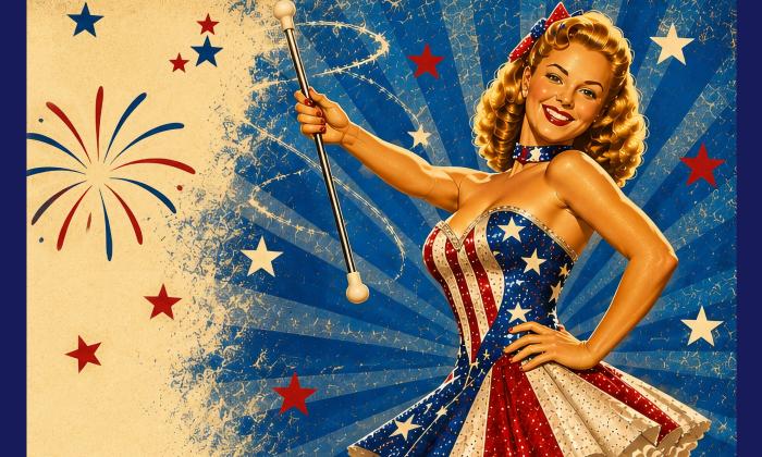 A fifties majorette in red white and blue celebrating the 4th