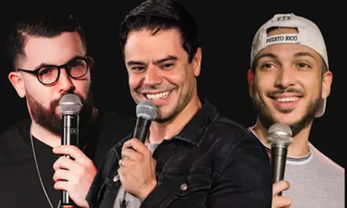 Comedians Hombre Promedio, Francisco Ramos, and Kel Perez perform on stage.