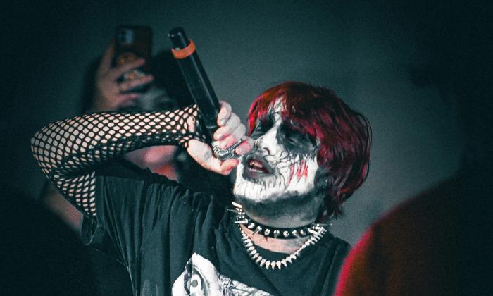 A singer cloaked in gothic attire and striking makeup commands the stage with a haunting live performance.