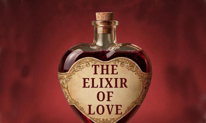 A heart-shaped bottle labeled "The Elixir of Love" against a dark red background