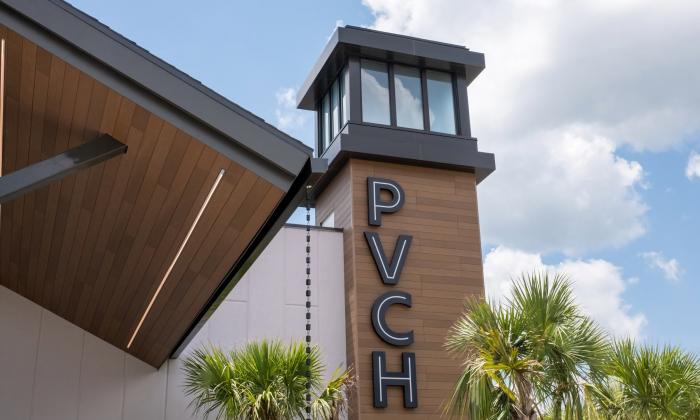 The tower at Ponte Vedra Concert Hall, on a sunny day with fluffy clouds