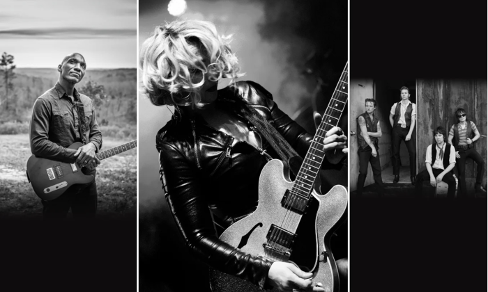 Samantha Fish, Cedric Burnside, and Daddy Long Legs perform on stage for fans.