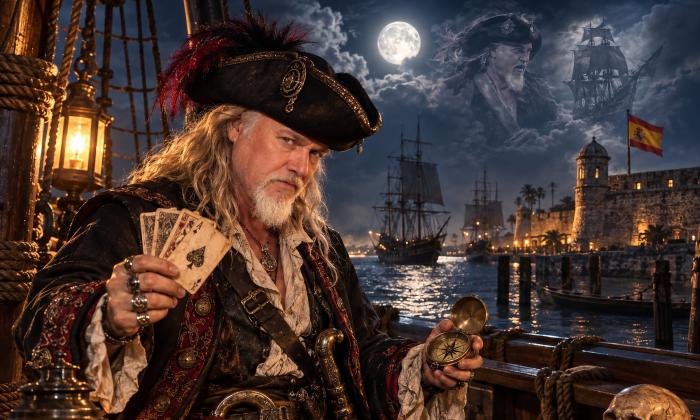 An AI poster showing a pirate with long hair, holding a poker hand on a ship at night