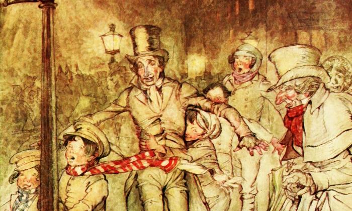 A old-style drawing of a scene from "A Christmas Carol'