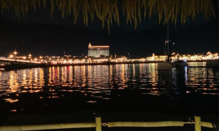 The view of the bayfront during NIghts of Lights from aboard a cruisin' tiki