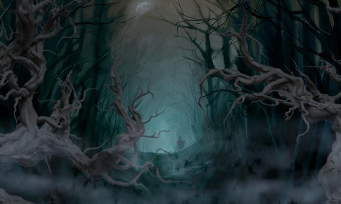A haunted wood under moonlight