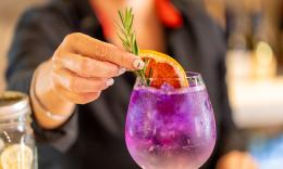 A bartender serves the Castillo gin and tonic, made with Butterfly Pea Flower Gin and Fever-Tree Tonic, and garnished with grapefruit and rosemary