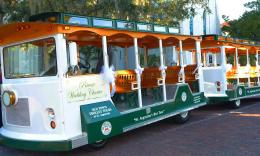 Old Town Trolley wedding charter featuring a green and white trolley with wooden seating and decorative white bows