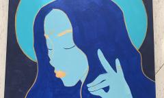 A blue woman painting inside the gallery