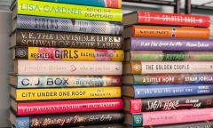 Stacks of books on a shelf