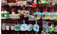 A display of St. Augustine-themed Christmas ornaments
