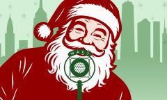 Santa at an old radio mic, with a city skyline behind him